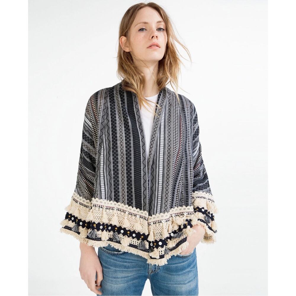ZARA Boho Aztec Geometric Print Open Front Kimono Jacket Fringe Tassels Medium